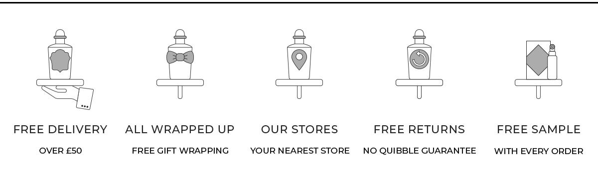 Penhaligon's Perks - FREE DELIVERY Over &pound;50, ALL WRAPPED UP Free Gift Wrapping, OUR STORES Your Nearest Store, FREE RETURNS No Quibble Guarantee, FREE SAMPLE With Every Order